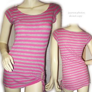 Y2K Forever 21 Long Bodycon Top M Cap Sleeve Striped Pink Gray Streetwear Surfer